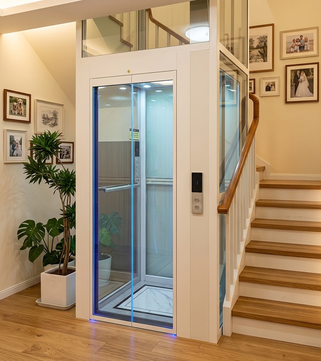 Ascenseur domestique à structure vitrée blanche dans un salon